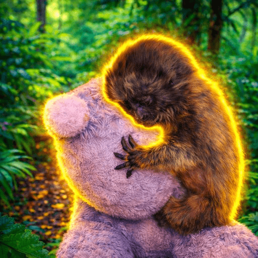 Julio, a baby gray titi monkey, hugging a plush companion in a sanctuary setting.